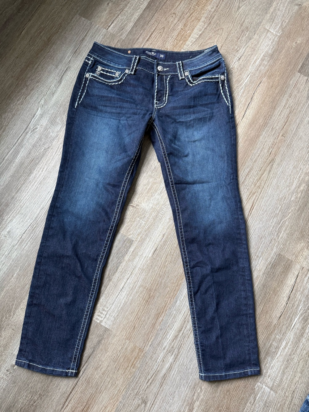 VTG Y2K Miss Low Rise Skinny Jeans Blue Dark Wash Jewels Faded Size 30